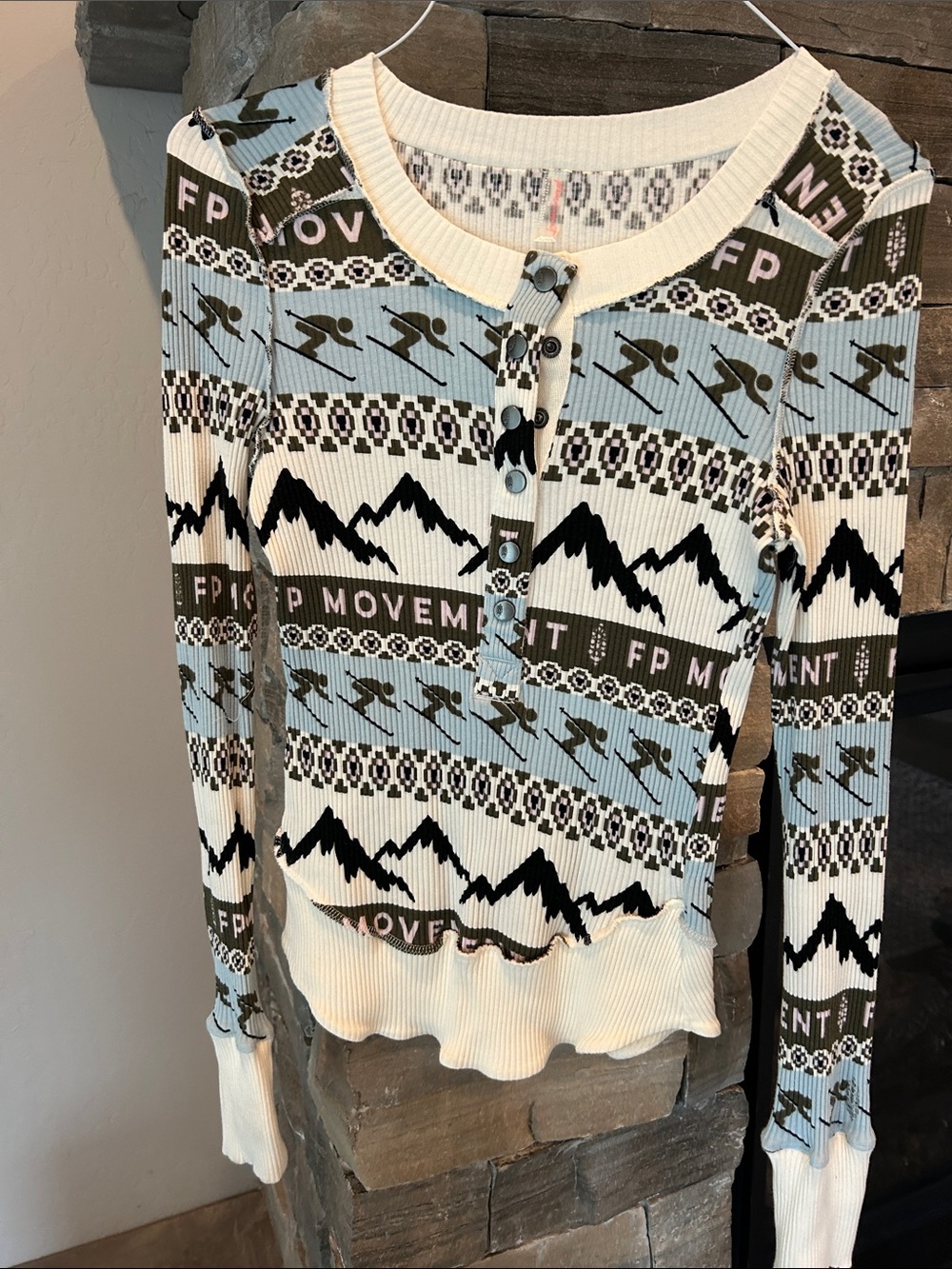Free People Movement  Cream, Light Blue & Brown Mountain/Ski Motif  Henley